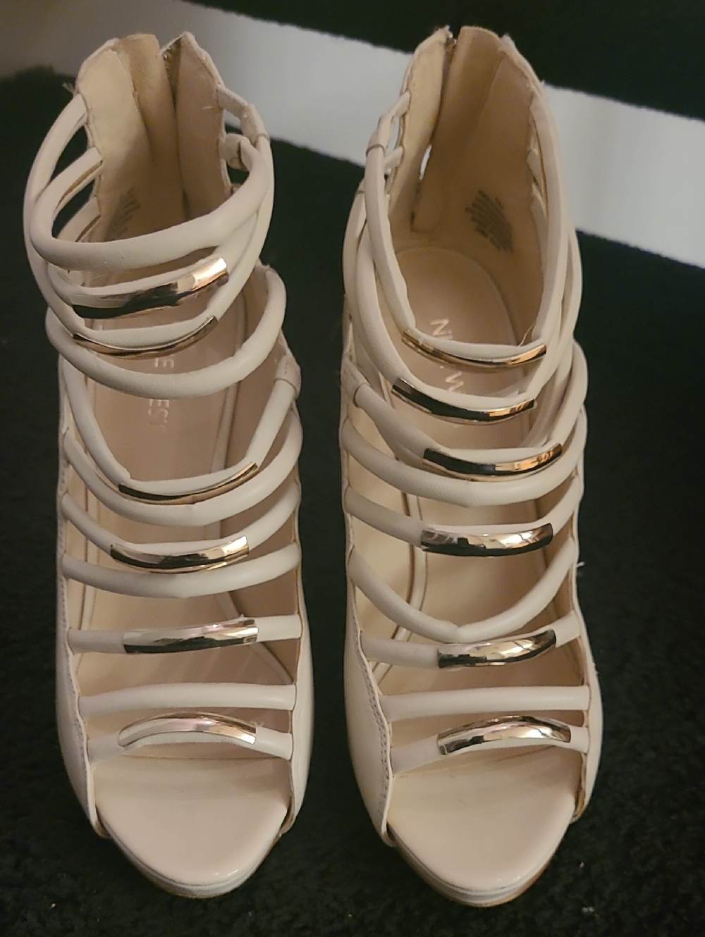 Nine West Beige Strappy High Heel Sandals with Gold Accents